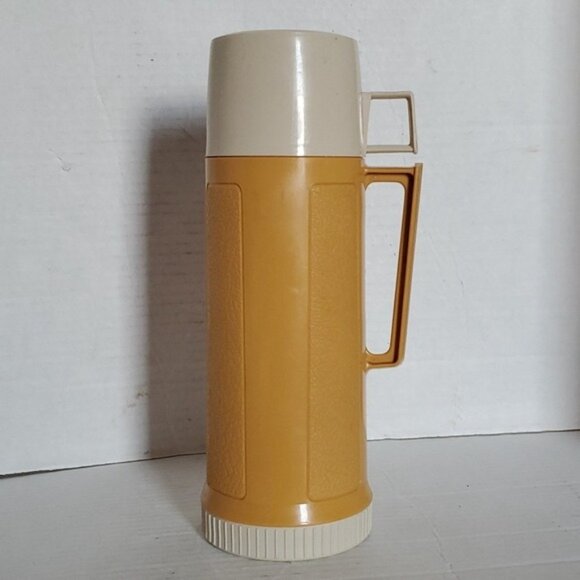 Vintage Thermos Brand Glass INSIDE Travel Coffee Container Harvest Gold Cup Lid - Picture 14 of 16